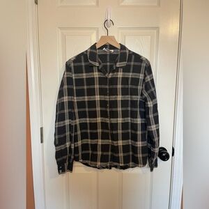 Talbots Black Plaid Linen Cotton Flannel Button Down Folk Shirt Size Small